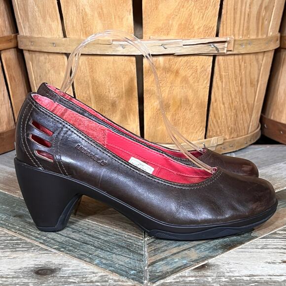 Merrell Evera Brown Leather 2.75" Heel Cycling Comfort Slip-On Pumps Womens 7 - Picture 1 of 12